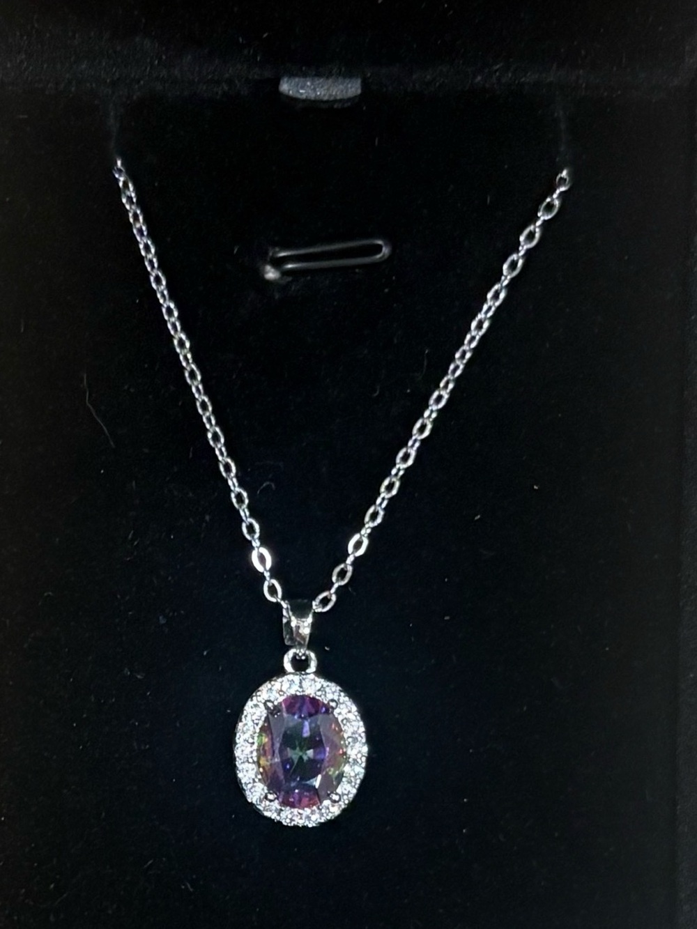 Silver Necklace with Iridescent Oval Pendant and Crystal Halo